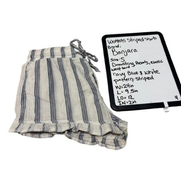 BanJara Womens Blue & White Striped Paperbag Tie Front Cotton Shorts S - Picture 4 of 7